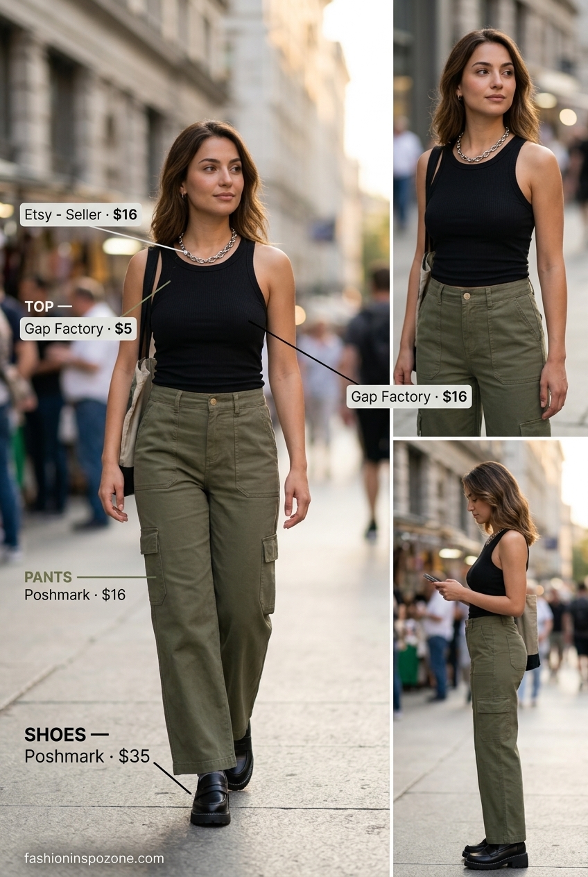 Cute sporty chic summer outfits for women 2026: Olive cargo pants, black ribbed top, chunky loafers for urban exploration.