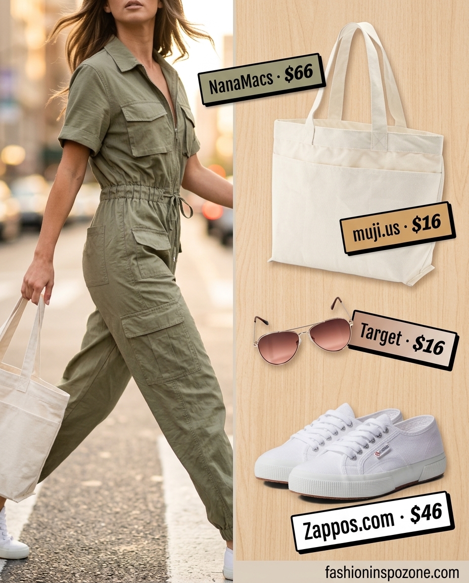 Cute sporty chic summer outfits for women 2026: Utility jumpsuit, canvas sneakers, and tote bag.