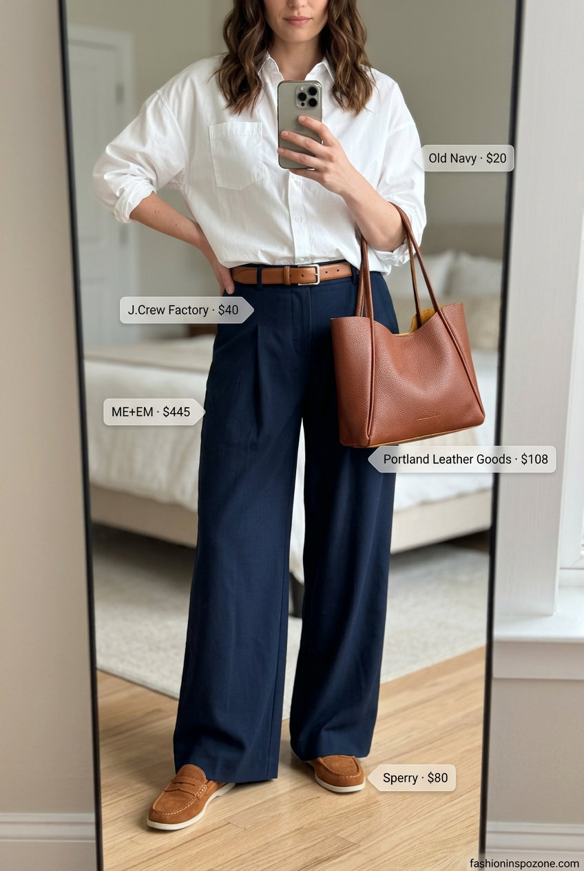 Cute sporty chic summer outfits for women 2026: Wide-leg pants, loafers, and button-down shirt.