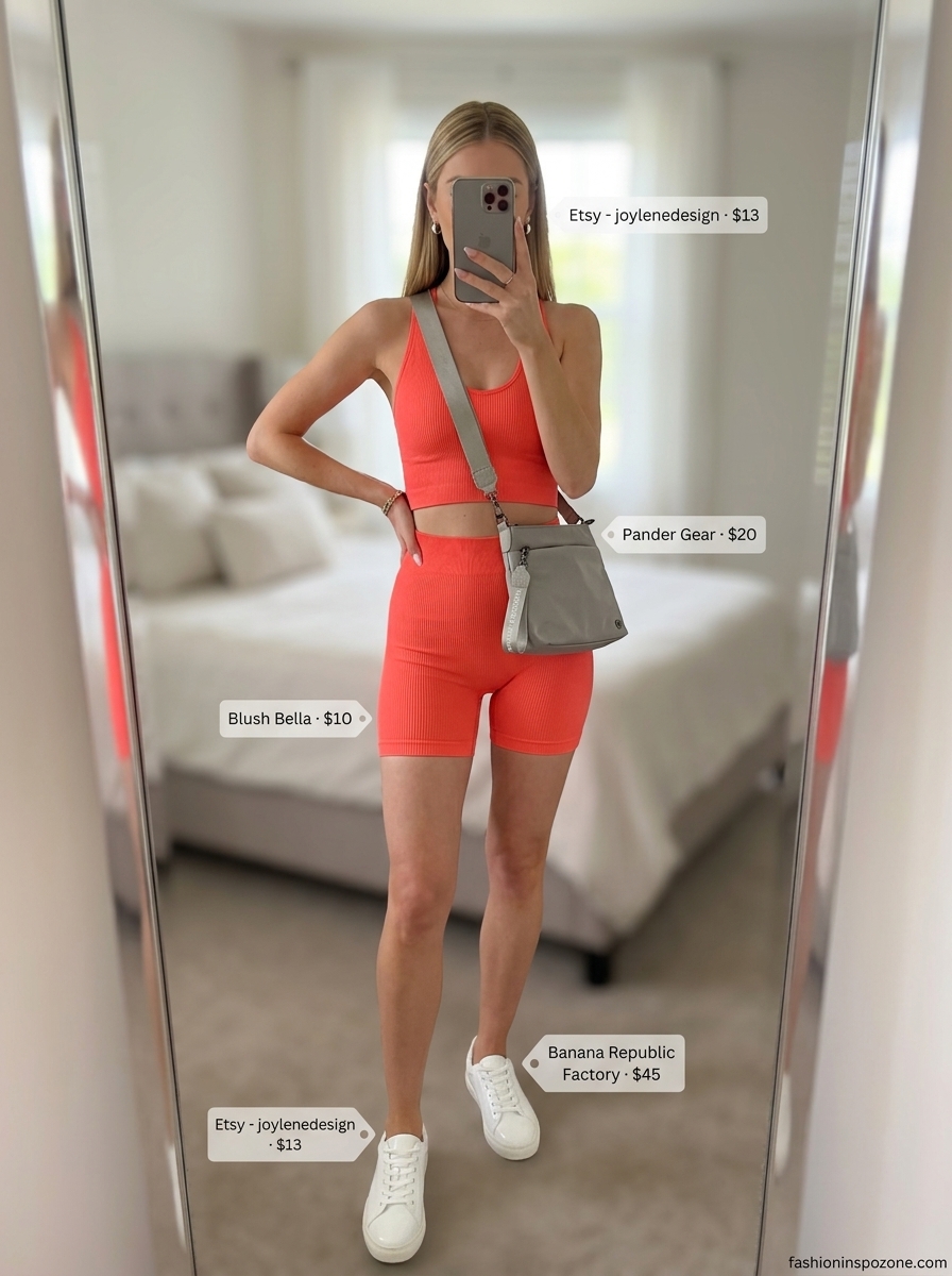 Cute summer activewear for women 2026: Coral activewear set with white sneakers and grey crossbody bag for gym or errands.