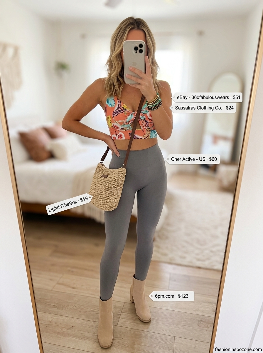 Cute summer activewear for women 2026: Boho floral matching set, straw bag, suede boots, layered bracelets.