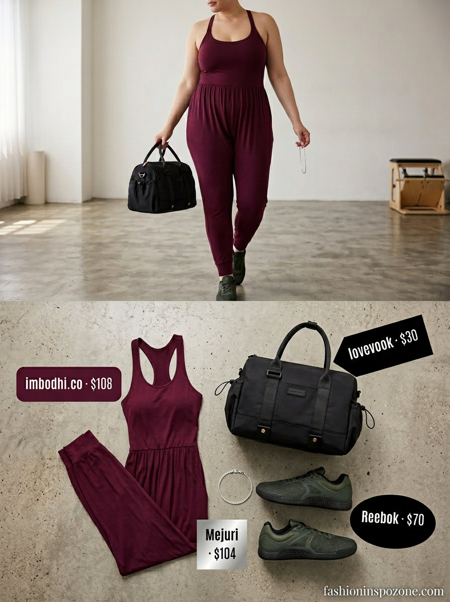 Cute summer activewear for women 2026: Burgundy jumpsuit, black sneakers for yoga.