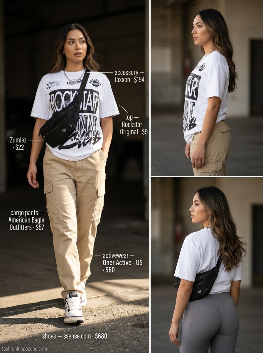 Cute summer activewear for women 2026: Khaki cargo pants, white graphic tee, chunky sneakers, black belt bag.