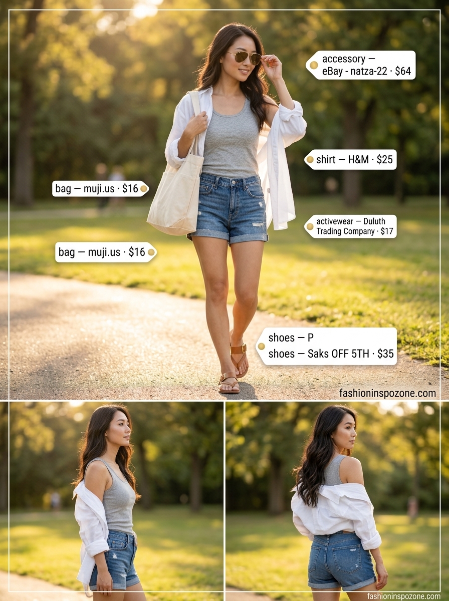 Cute summer activewear for women 2026: Denim shorts, white button-down, canvas tote, leather sandals, aviators.