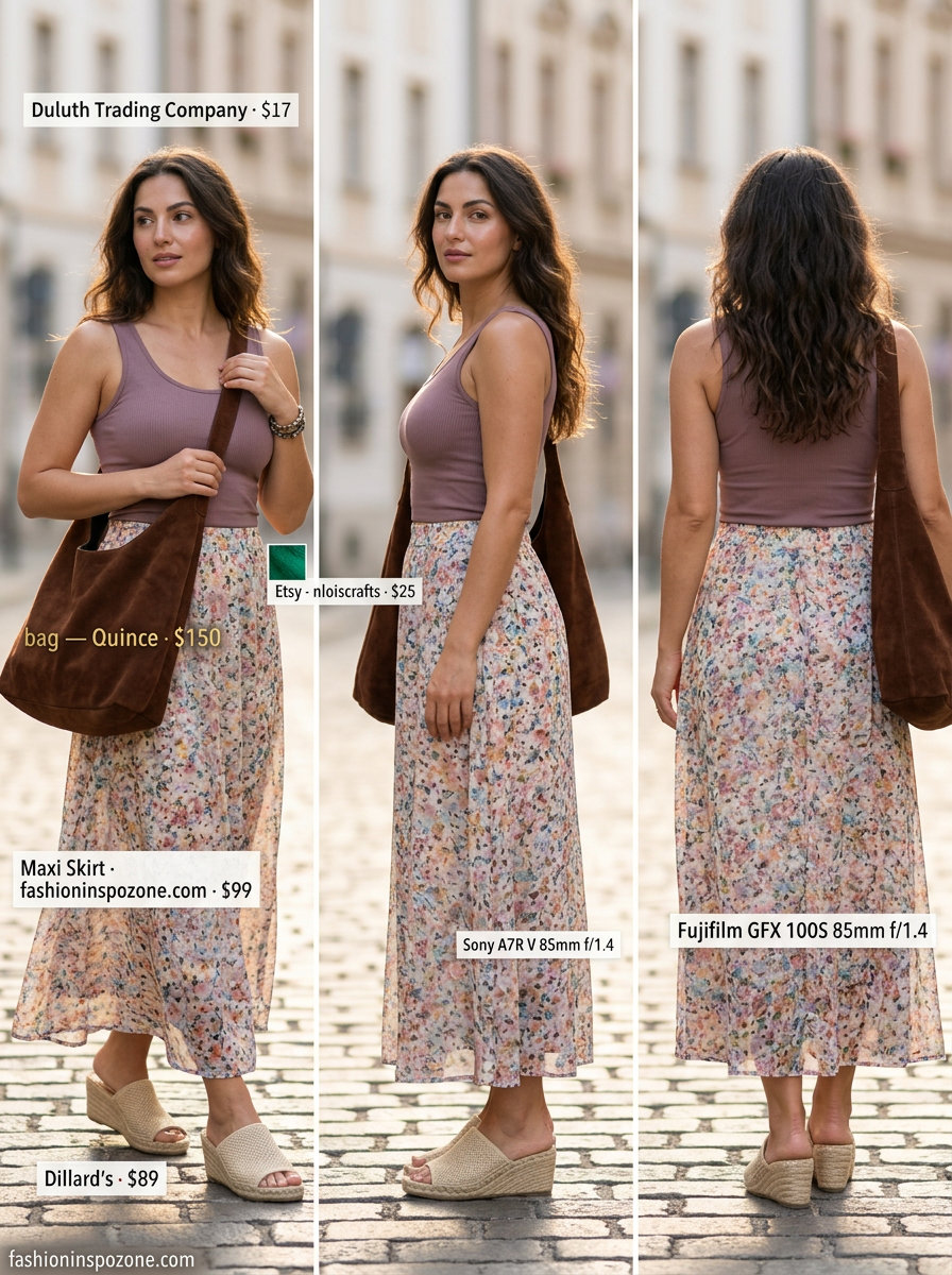 Cute summer activewear for women 2026: Floral maxi dress, espadrilles, suede bag, layered bracelets.