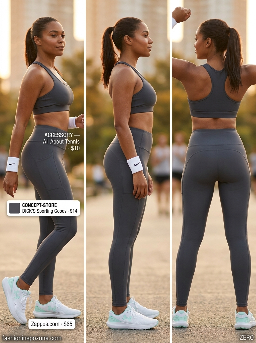 Cute summer activewear for women 2026: Grey leggings, mint sneakers, sweatband for gym.