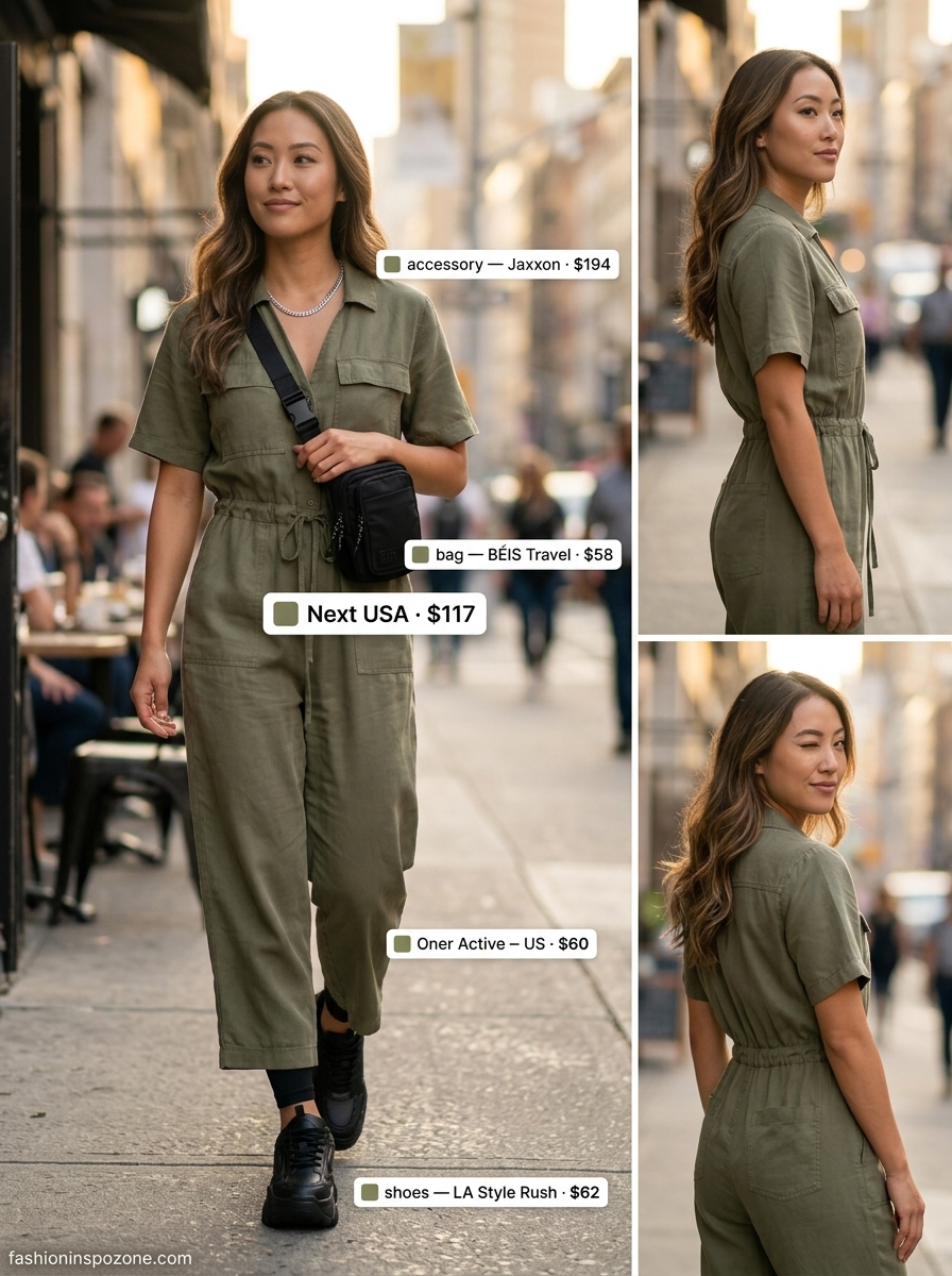 Cute summer activewear for women 2026: Olive green jumpsuit, black sneakers, silver necklace, black crossbody bag.