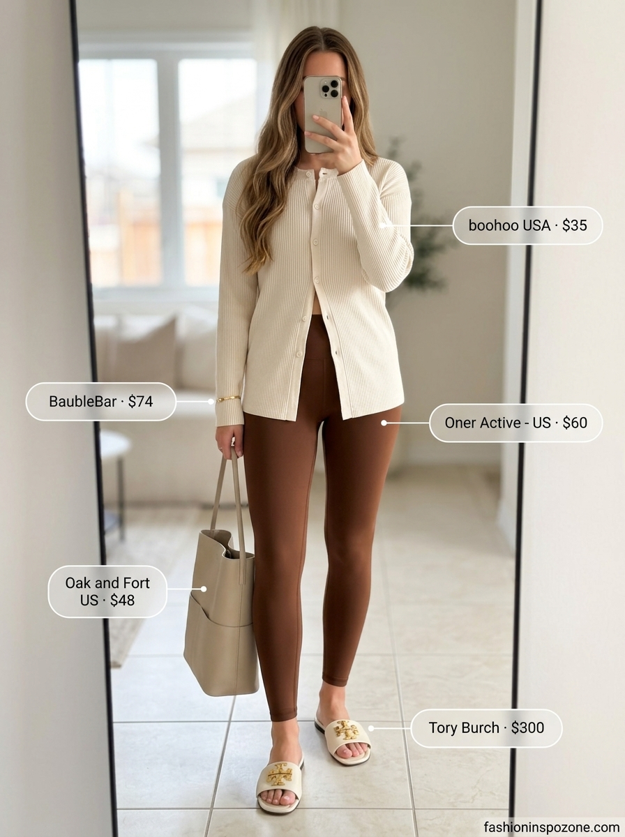 Cute summer activewear for women 2026: Beige knit set, slouchy tote, leather slides, gold cuff bracelet.
