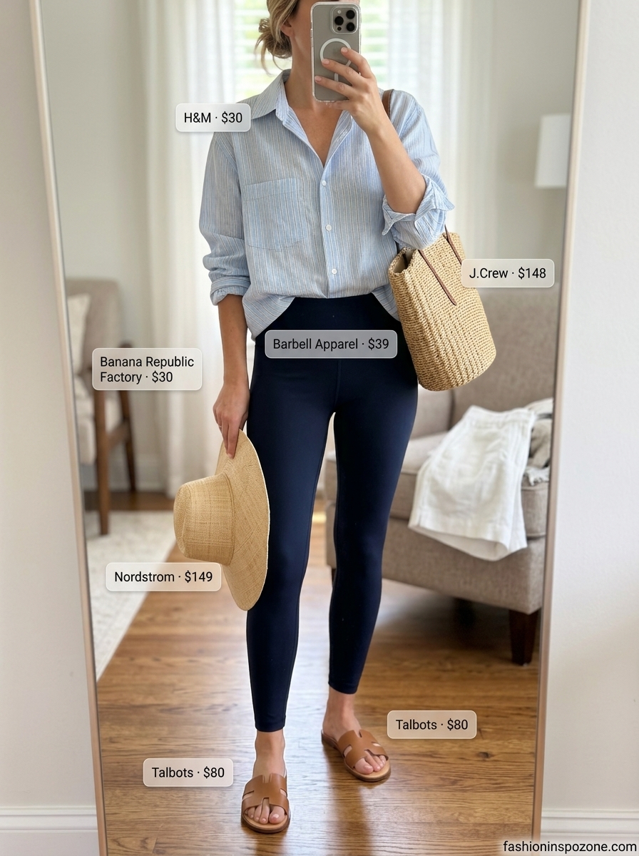 Cute summer activewear for women 2026: Cream linen shorts and sky blue striped oversized shirt for a coastal, relaxed vibe.
