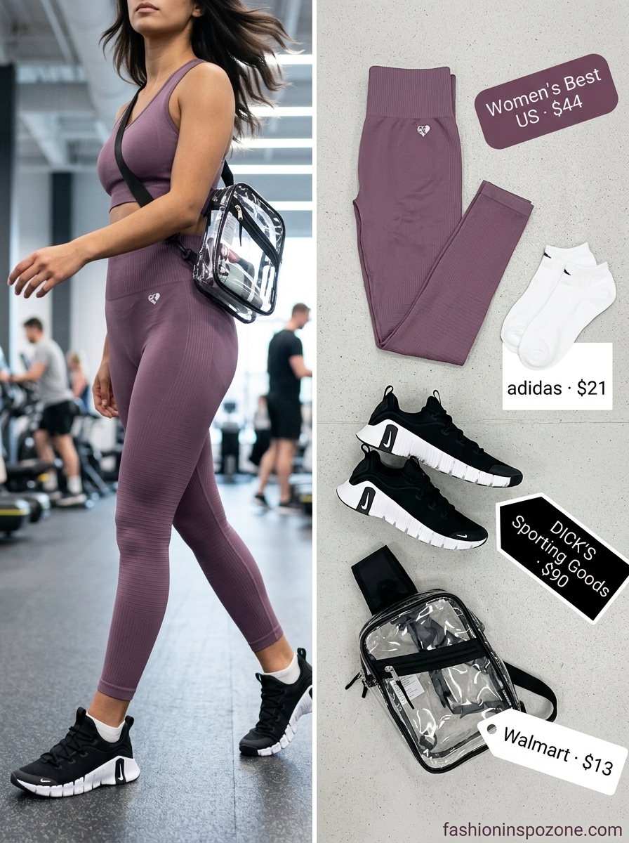 Cute summer activewear for women 2026: Purple leggings, black sneakers for gym.