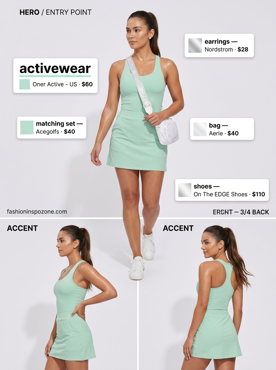 Cute summer activewear for women 2026: Mint green pleated tennis skirt set with white sneakers and crossbody bag for a sporty look.