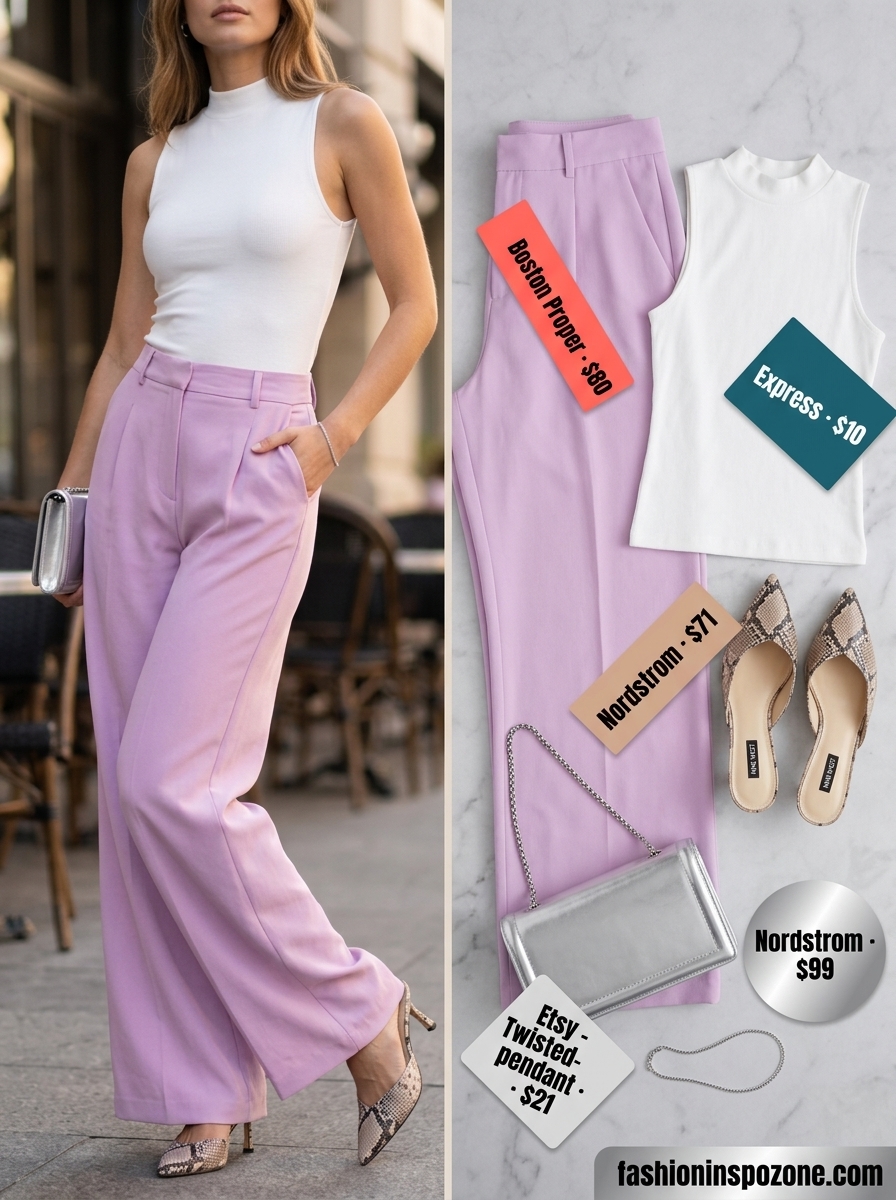 Cute summer activewear for women 2026: Lavender wide-leg pants, white mock neck top, nude mules, silver bag.