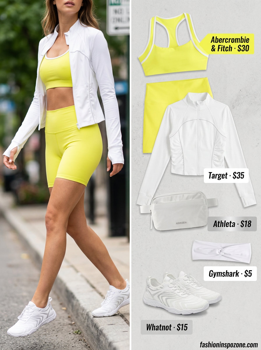 Cute summer activewear for women 2026: Lemon yellow set, white jacket, headband for brunch.