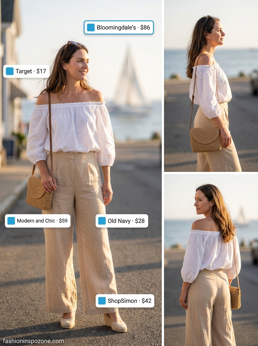 Cute summer blouses for women 2026: Azure blue off-the-shoulder blouse with white linen pants for vacation.