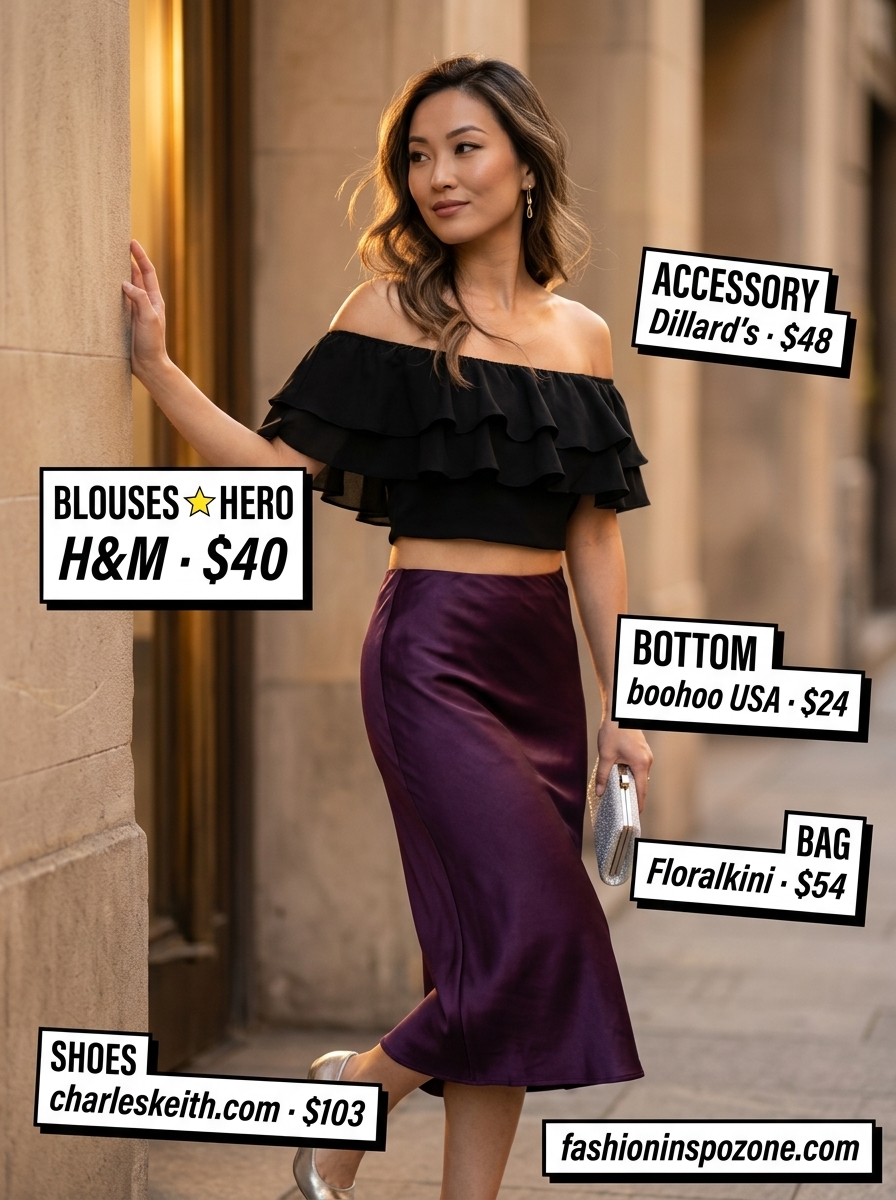 Cute summer blouses for women 2026: Black off-the-shoulder ruffled blouse with satin midi skirt for date night.