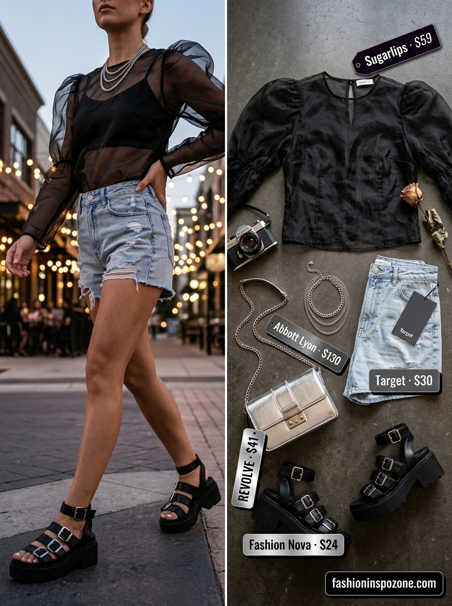 Cute summer blouses for women 2026: Black sheer organza blouse with distressed denim shorts for a night out.