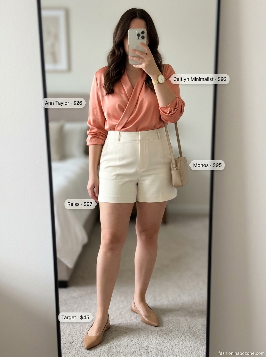 Cute summer blouse for women 2026: Coral satin blouse with cream pleated shorts and nude slingbacks for brunch.