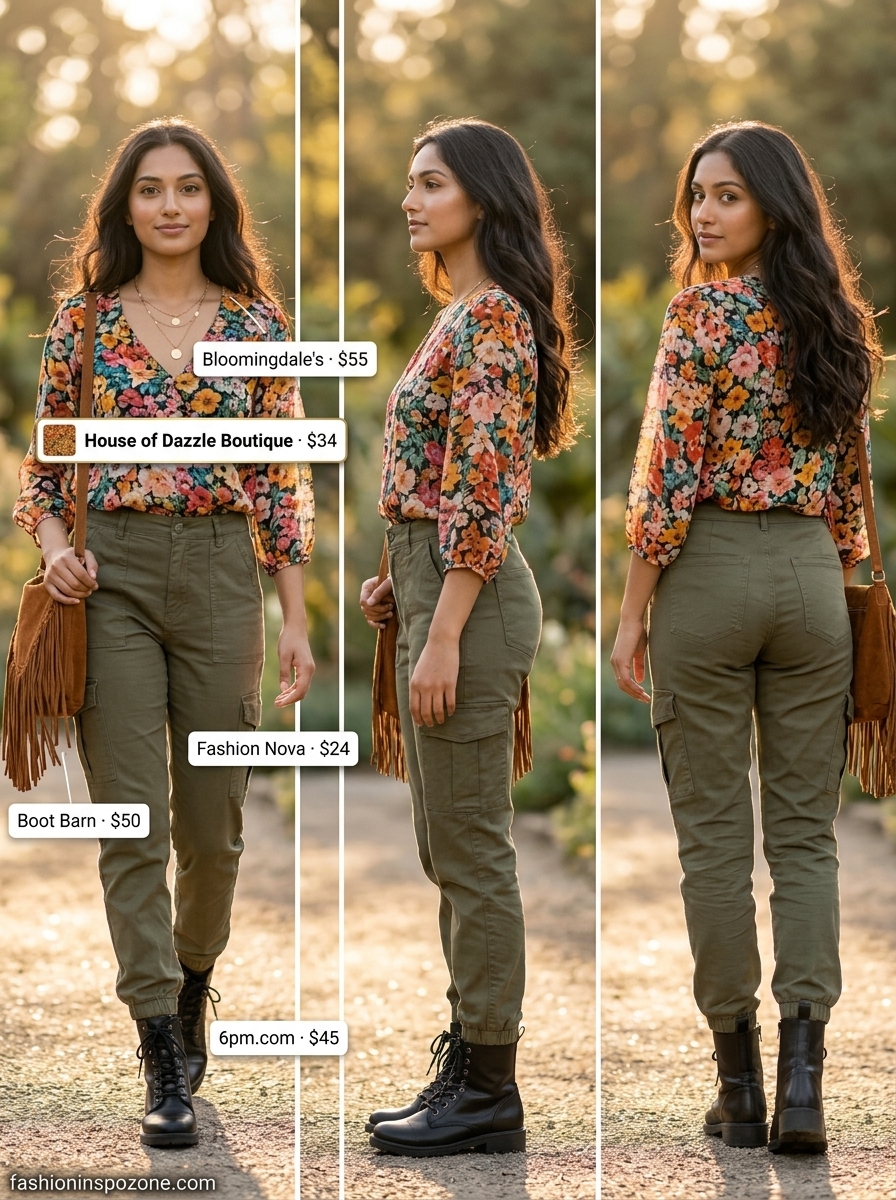 Cute summer blouses for women 2026: Multi-floral V-neck blouse with olive green cargo pants for a boho festival.