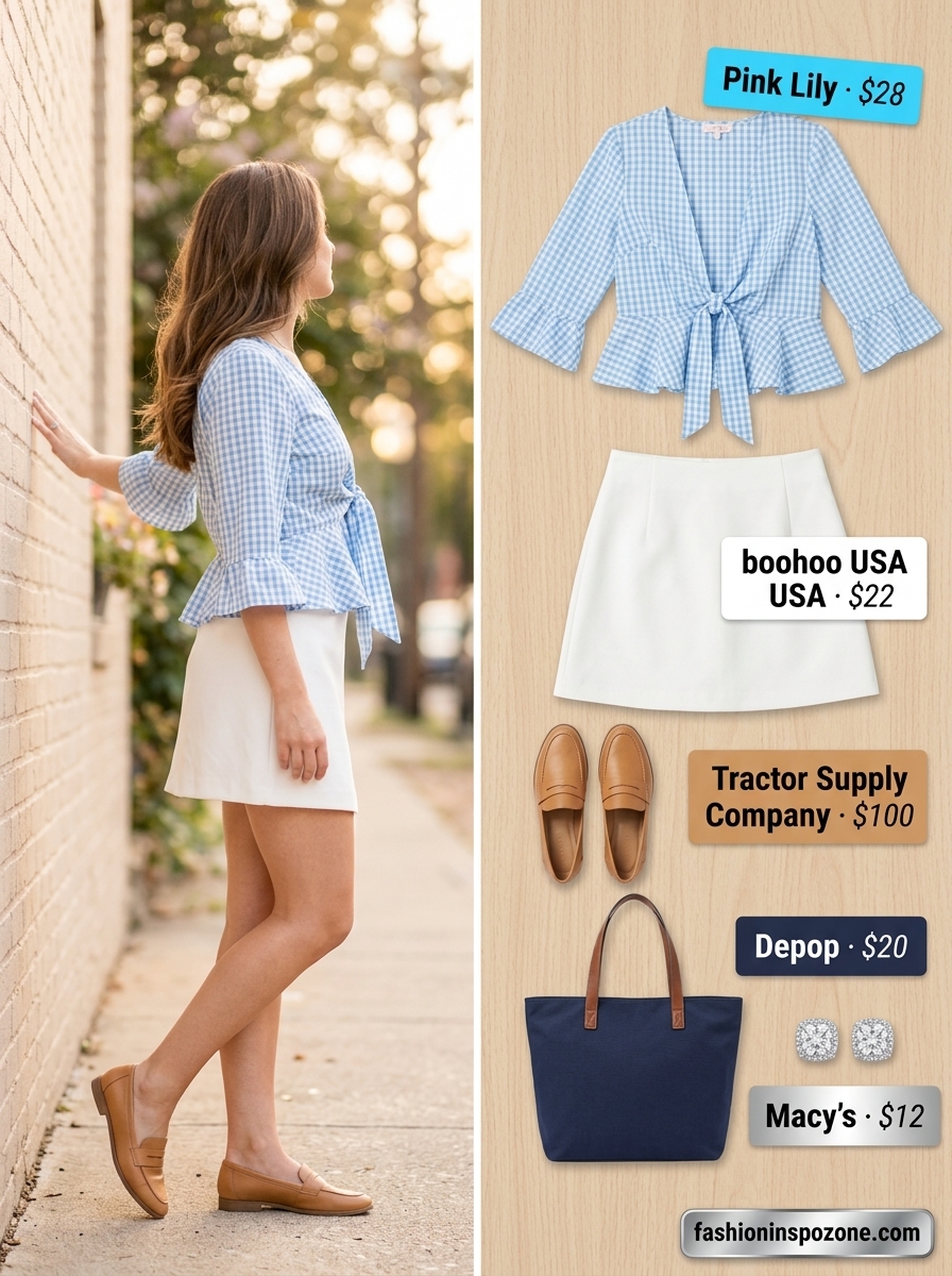 Cute summer blouses for women 2026: Light blue gingham tie-front blouse with white A-line mini skirt for weekend.