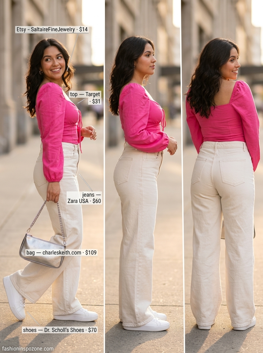 Cute summer blouse for women 2026: Hot pink cropped puff-sleeve blouse with ecru wide-leg jeans.