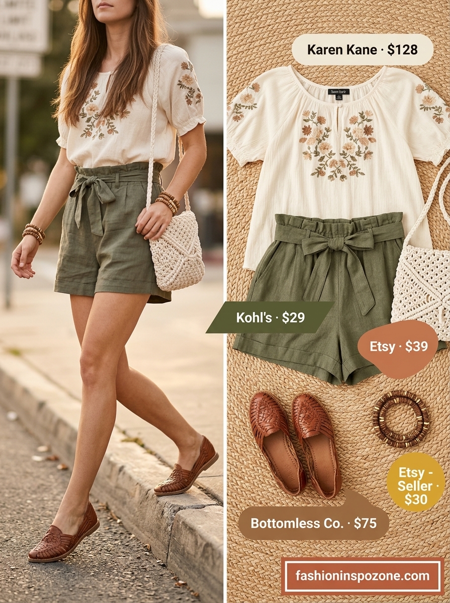 Cute summer blouses for women 2026: Ivory embroidered peasant blouse with olive green linen shorts for festival.
