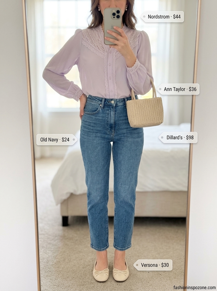 Cute summer blouse for women 2026: Lavender ruffle blouse with white jeans, ballet flats, and pearl bag for garden party.