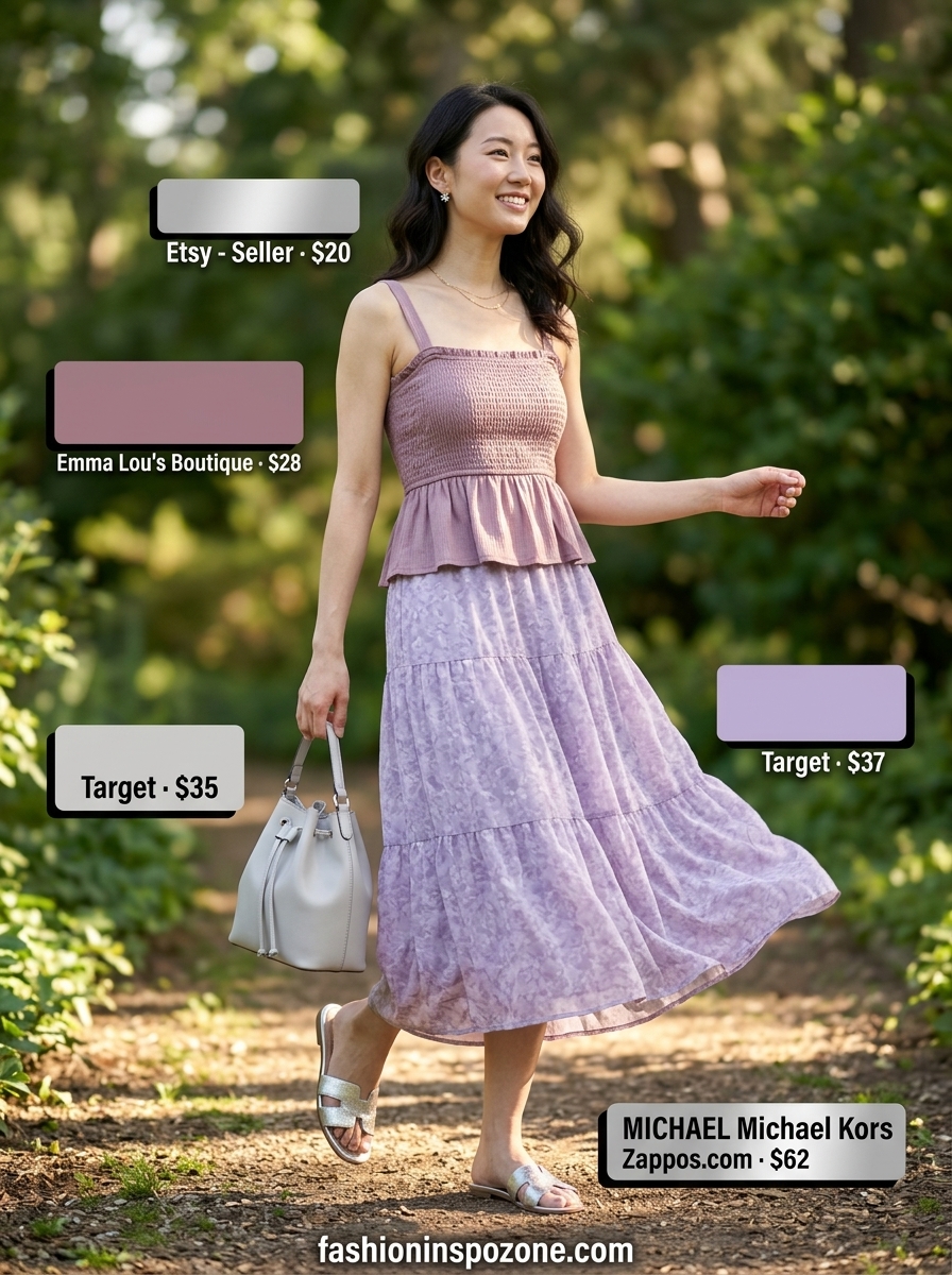 Cute summer blouses for women 2026: Lavender smocked crop blouse with white tiered maxi skirt for garden party.