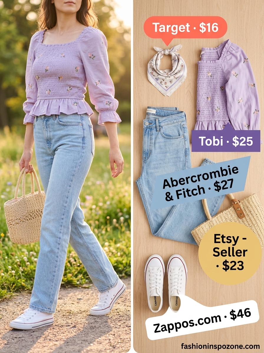 Cute summer blouse for women 2026: Lavender smocked blouse with light wash jeans for a retro picnic outfit.