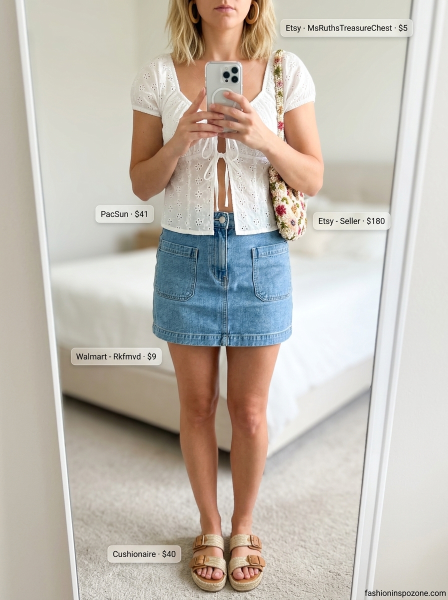 Cute summer blouses for women 2026: Lemon yellow tie-front blouse with white denim mini skirt for a cheerful day out.