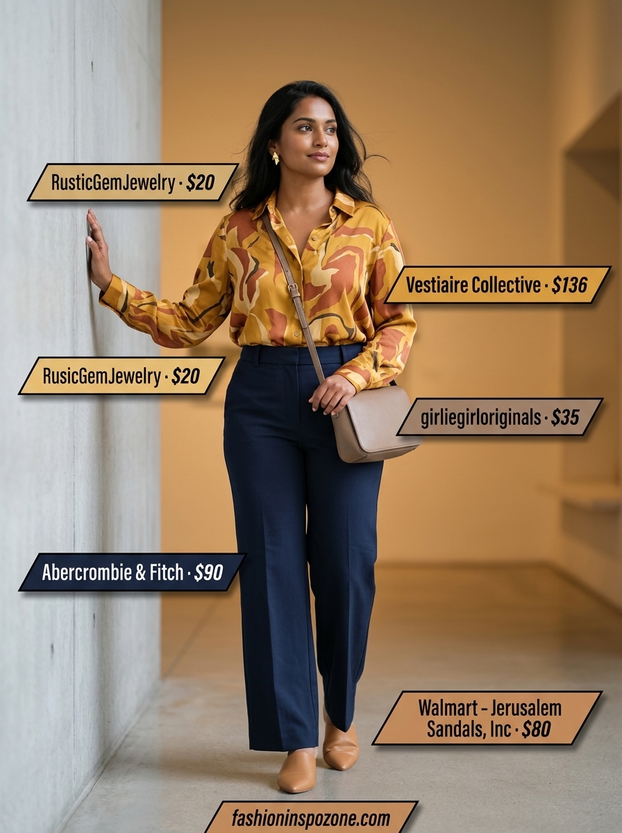 Cute summer blouses for women 2026: Mustard yellow abstract print silk blouse with navy trousers for an art gallery.