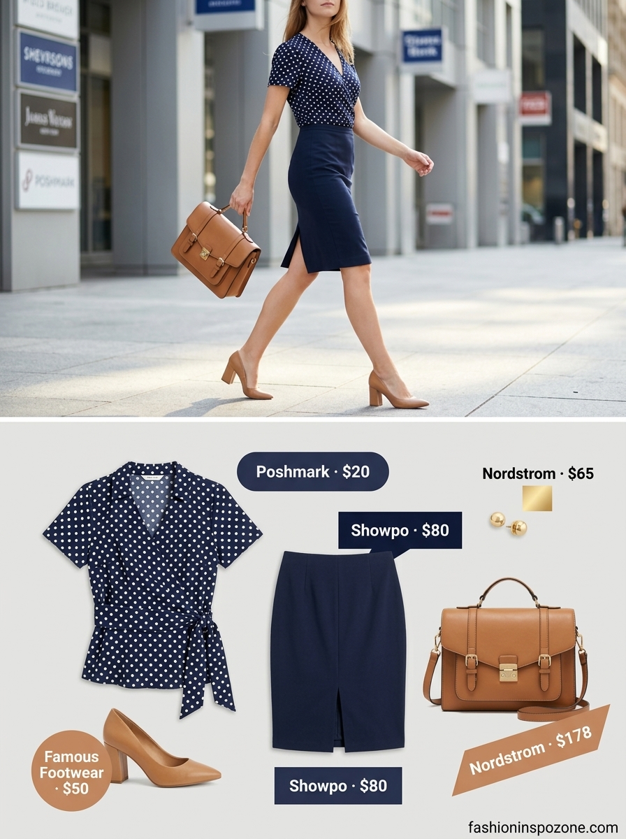 Cute summer blouse for women 2026: Navy polka dot wrap blouse with white pencil skirt for office wear.