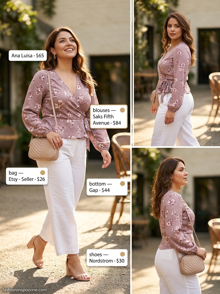 Cute summer blouses for women 2026: Pink floral wrap blouse with white trousers and nude sandals for brunch.