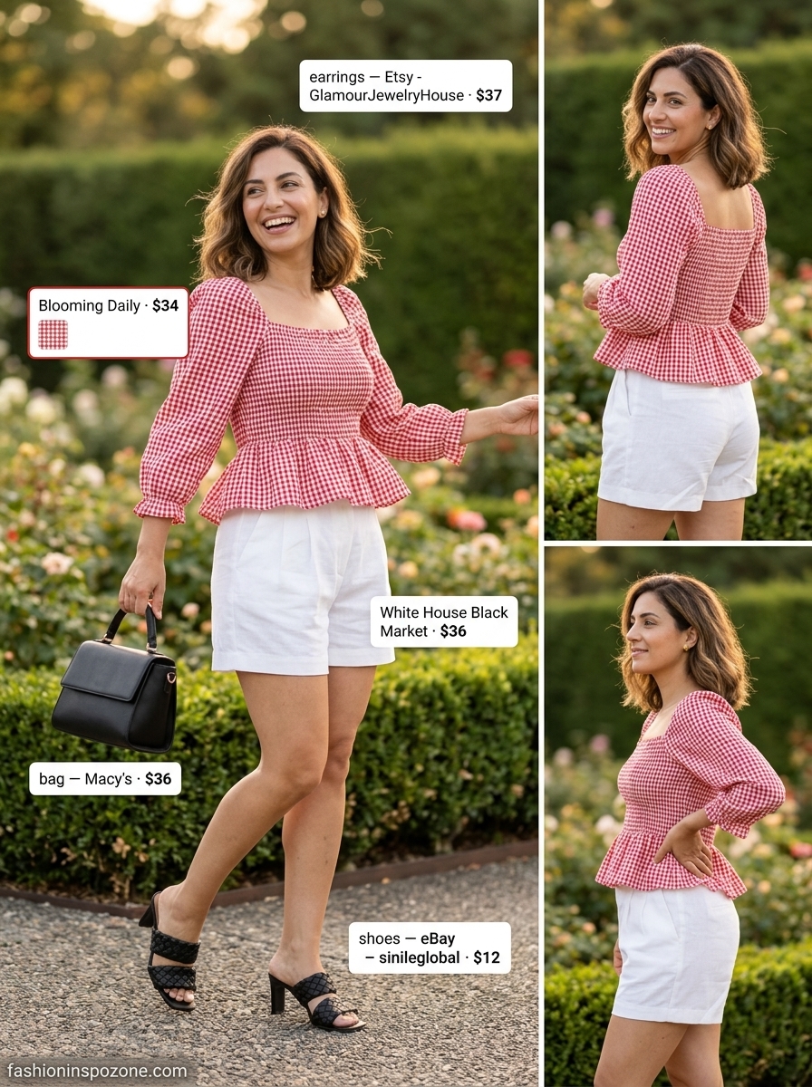 Cute summer blouse for women 2026: Red gingham peplum blouse with white shorts for a garden party outfit.