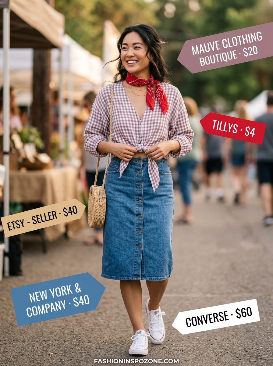Cute summer blouses for women 2026: Red gingham tie-front blouse with denim midi skirt for a retro summer fair.