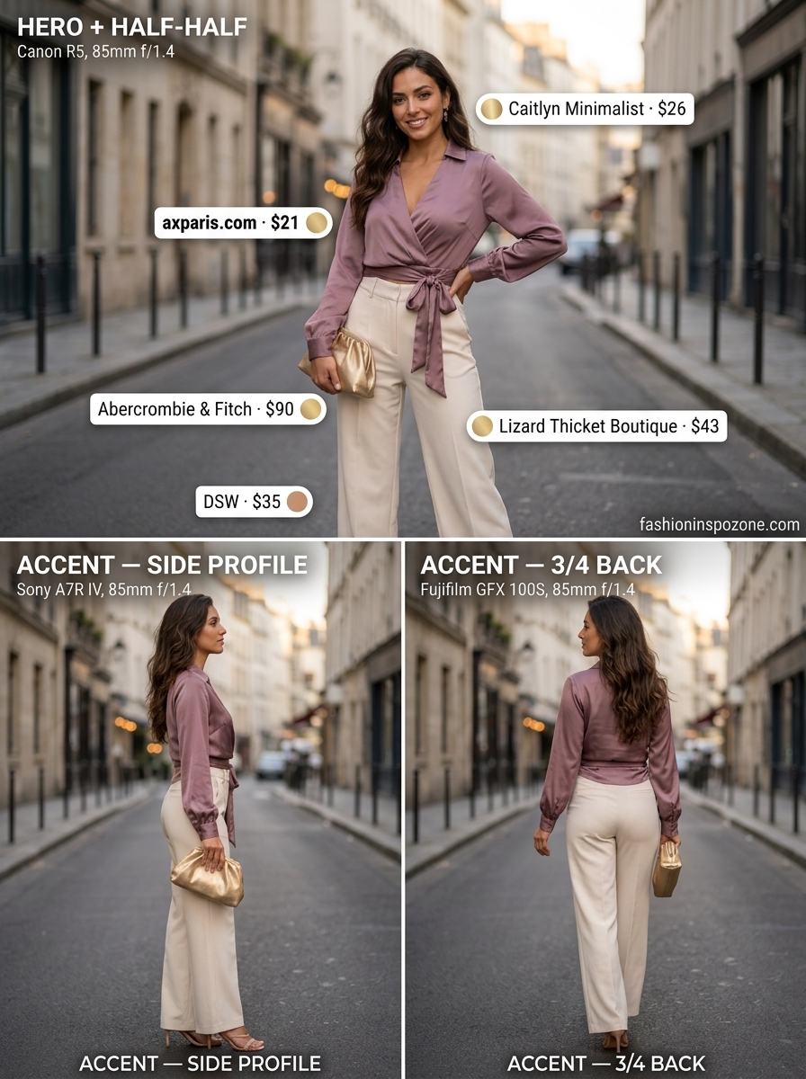 Cute summer blouse for women 2026: Sage green wrap blouse with cream wide-leg trousers for a dinner date.