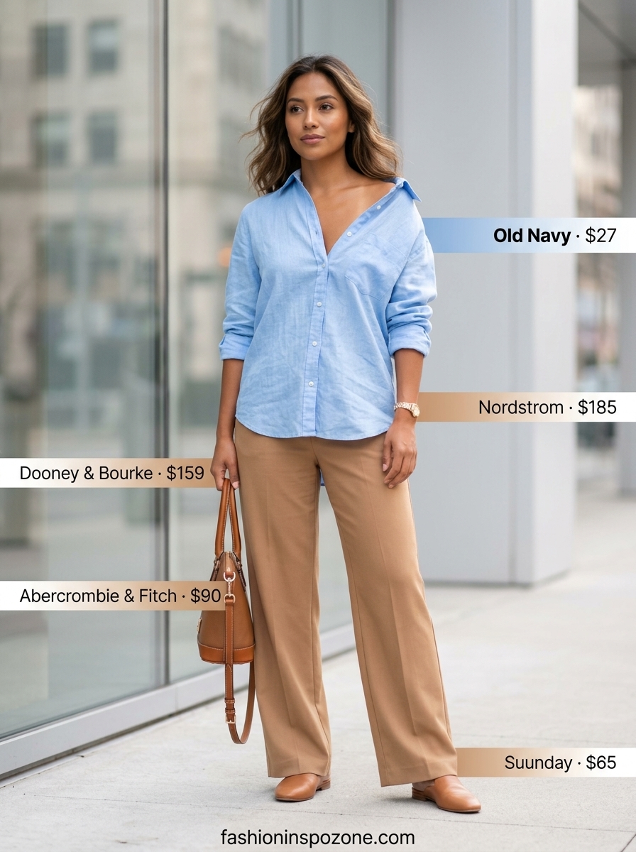 Cute summer blouses for women 2026: Sky blue linen blouse with white trousers and tan loafers for a casual office.
