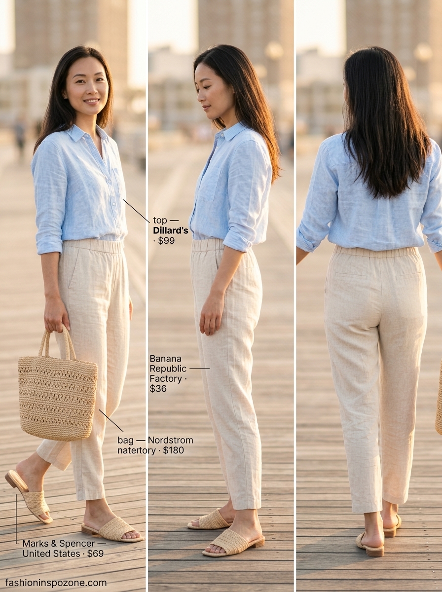Cute summer blouses for women 2026: Sky blue linen blouse with white shorts for a seaside brunch.