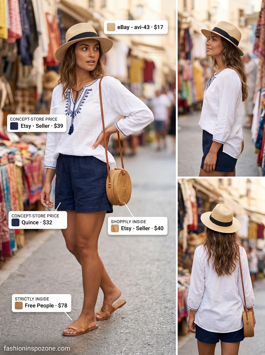 Cute summer blouses for women 2026: White embroidered tunic blouse with navy shorts and straw hat for Mediterranean style.