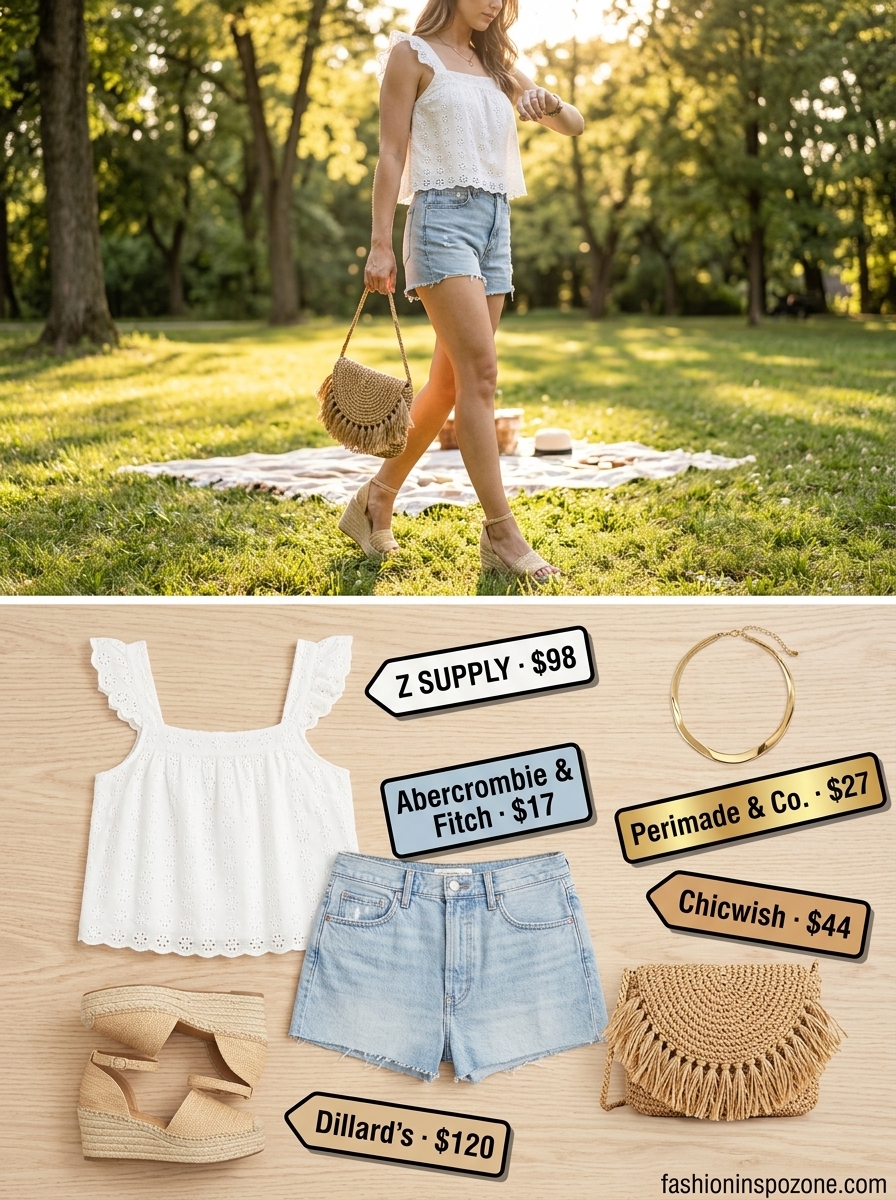 Cute summer blouses for women 2026: White eyelet puff-sleeve blouse with denim shorts for a picnic.