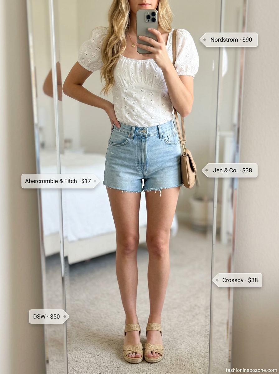 Cute summer blouse for women 2026: White eyelet puff sleeve blouse with denim shorts for a romantic garden party.