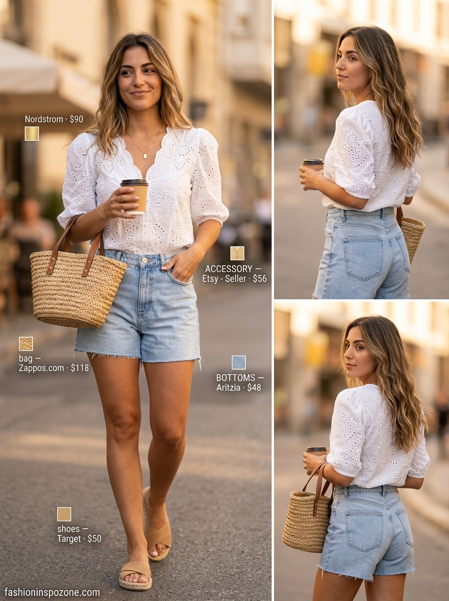 Cute summer blouse for women 2026: White eyelet puff-sleeve blouse with denim shorts for a romantic picnic.