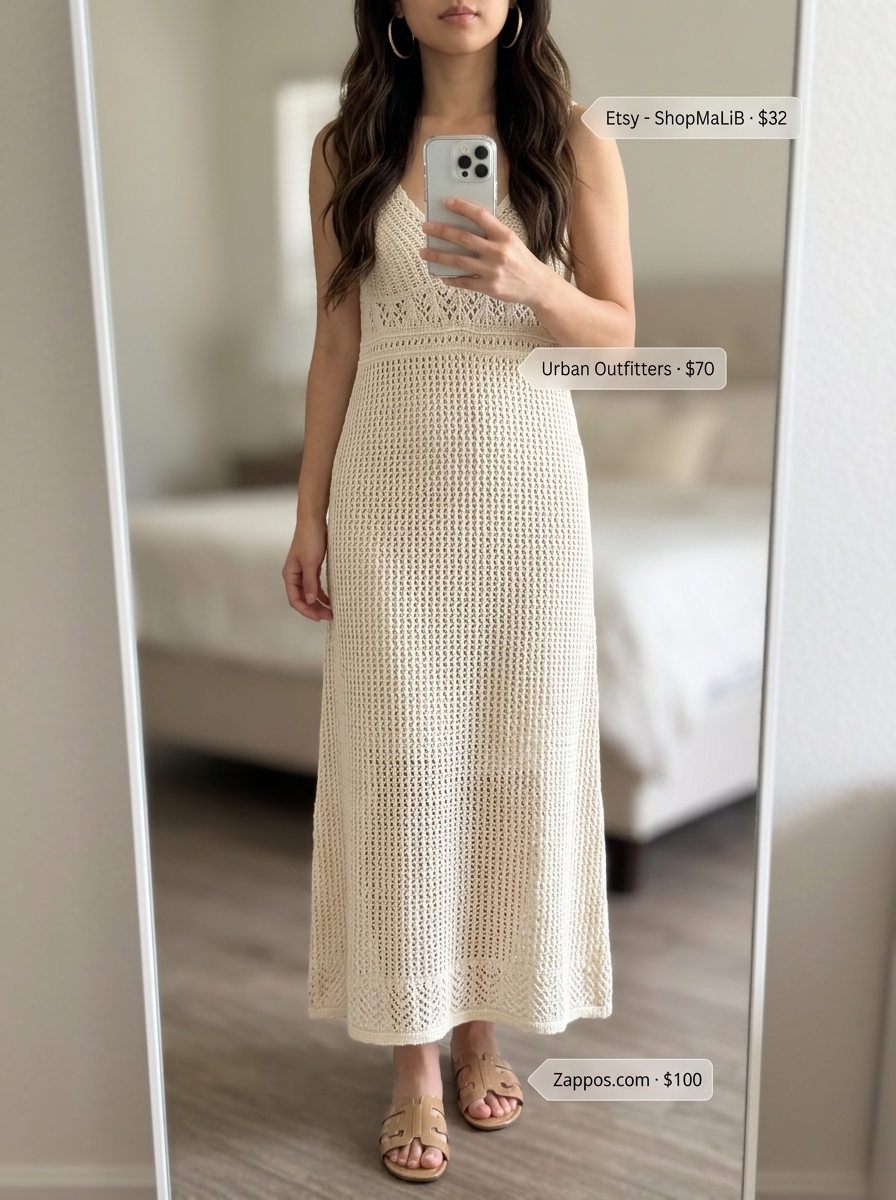 Cute summer crochet outfits 2026: Cream crochet dress with slouchy bag and gold hoops for beach dinner.
