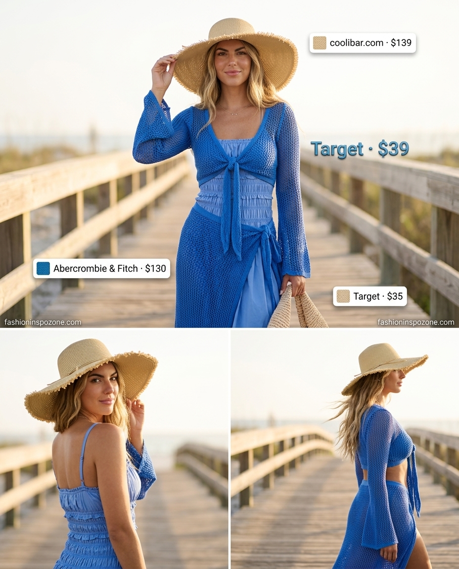Cute summer crochet outfits 2026: Blue crochet set with straw hat and espadrilles for a beach day.
