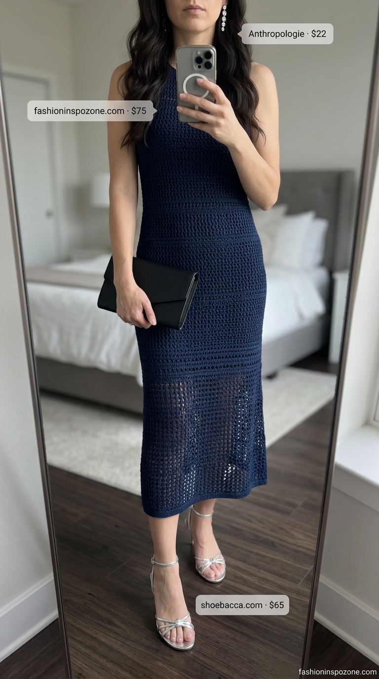 Navy blue crochet dress with silver accessories for a cocktail party. Cute summer crochet outfits 2026.