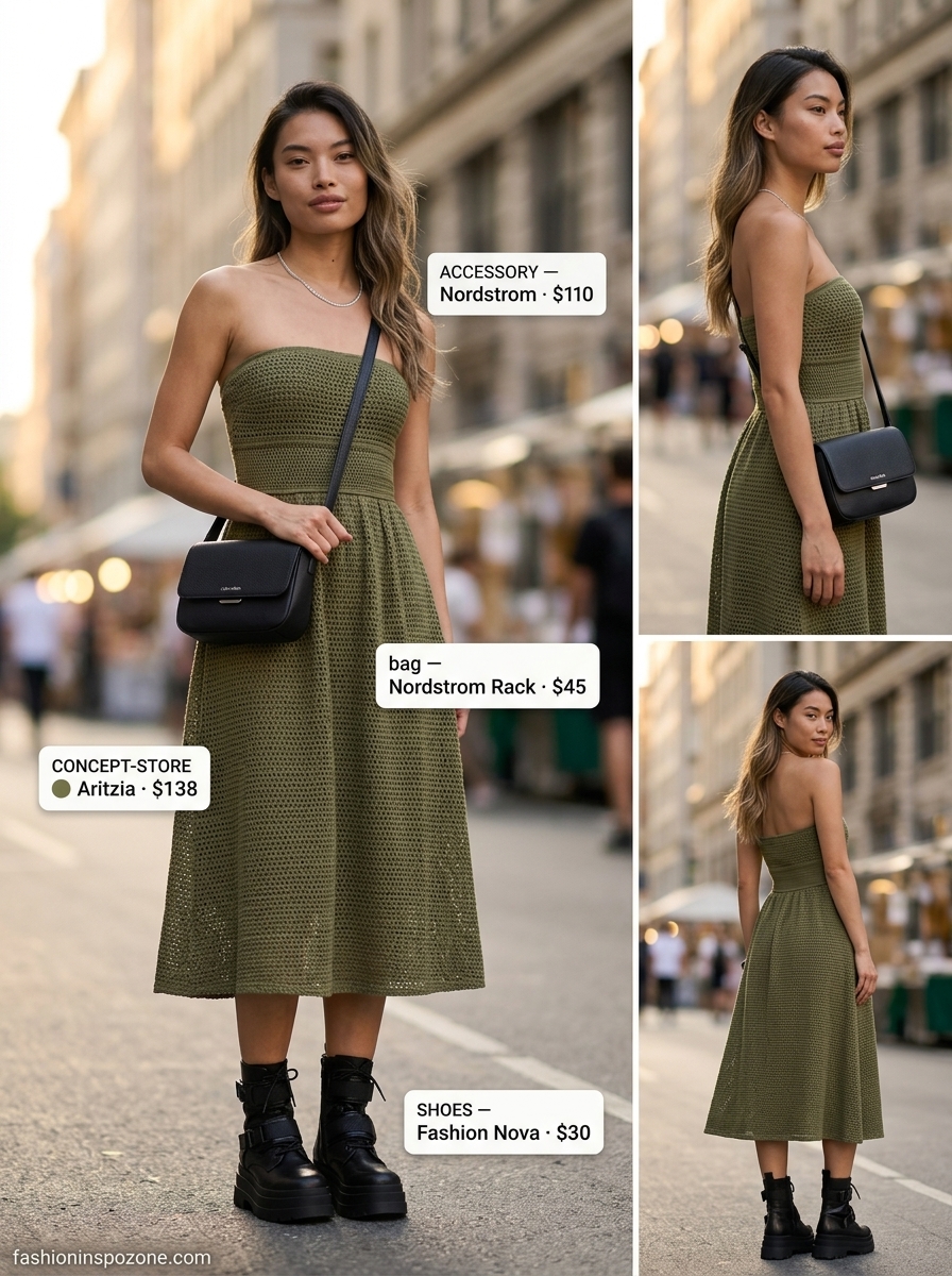 Cute summer crochet outfits 2026: Olive green crochet dress with combat boots & silver chain for an edgy look.