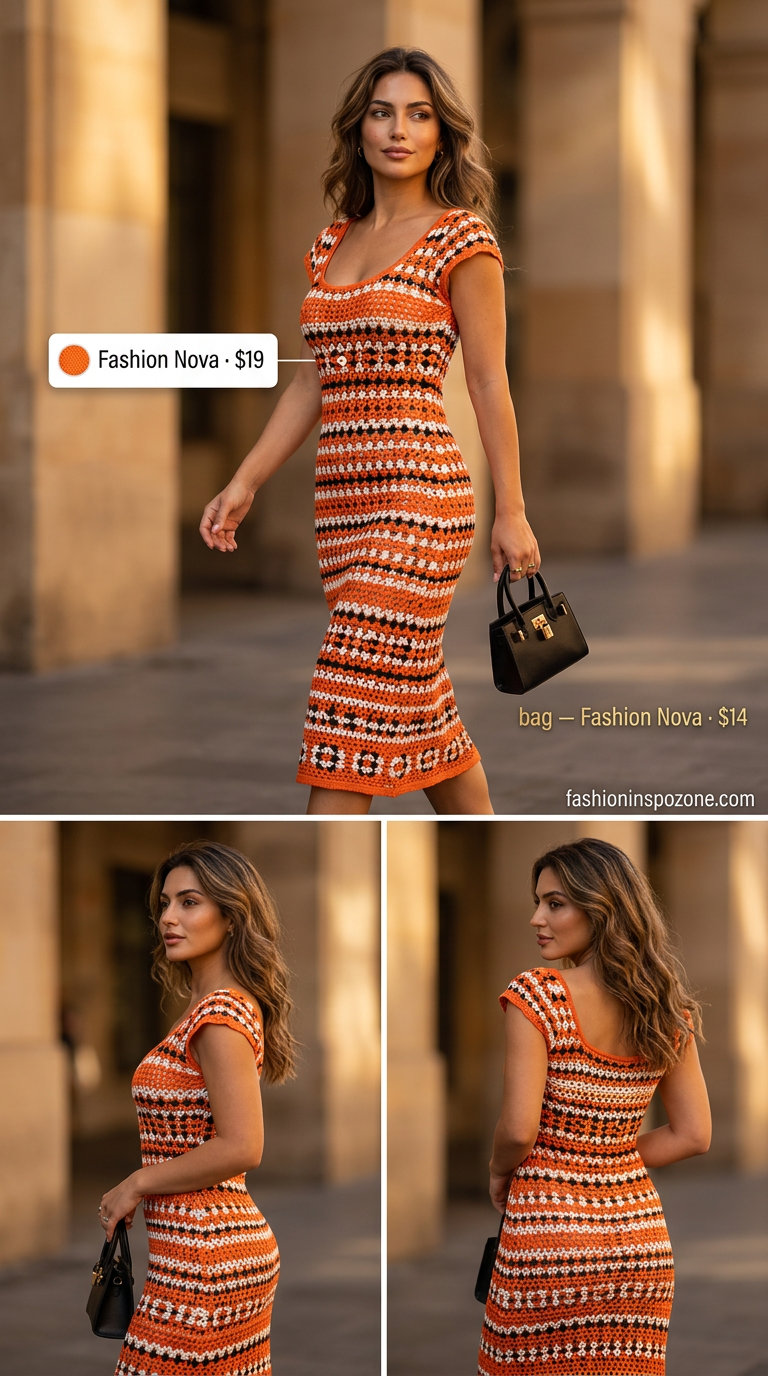 Cute summer crochet outfits 2026: Vibrant orange retro crochet mini dress with go-go boots & sunglasses.