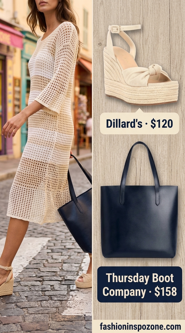 Cream crochet dress with white jeans, espadrilles, and a navy tote. Cute summer crochet outfits 2026.