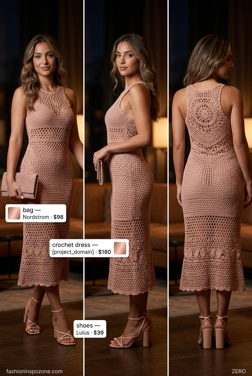 Cute summer crochet outfits 2026: Elegant deep rose crochet dress with gold earrings & clutch for evening events.