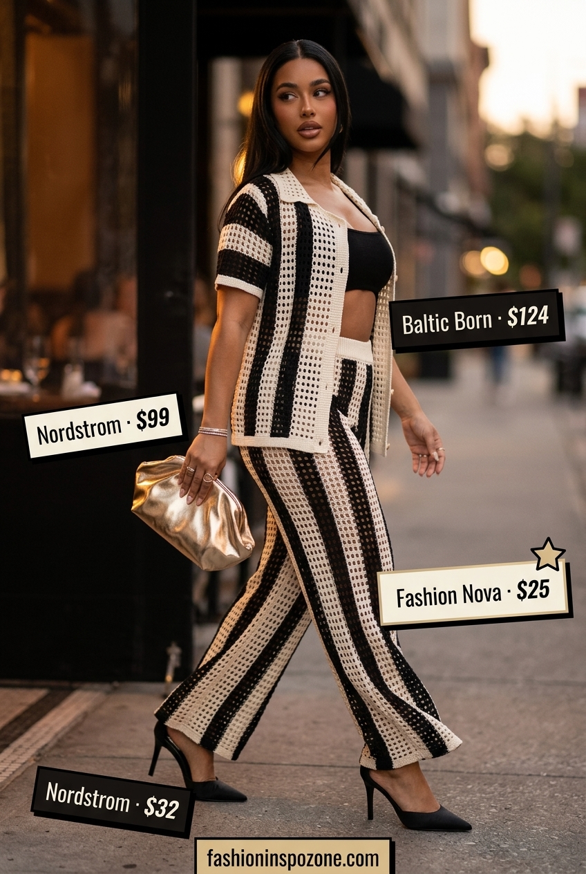 Black crochet pantsuit with gold statement earrings and stiletto heels. Cute summer crochet outfits 2026.