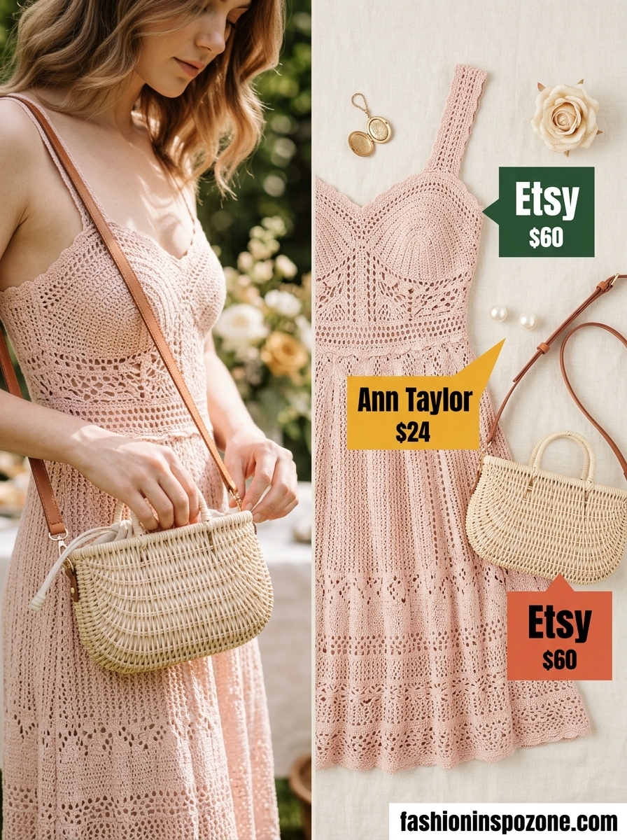 Blush pink crochet dress with wicker bag and ballet flats for a garden party. Cute summer crochet outfits 2026.